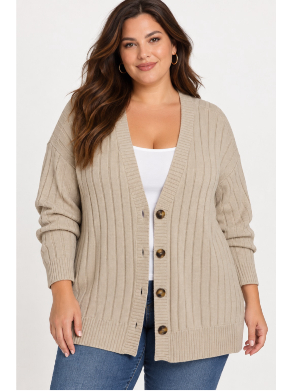 Torrid Size 0 L Beige Ribbed Knit Button Front Cardigan Cotton Blend